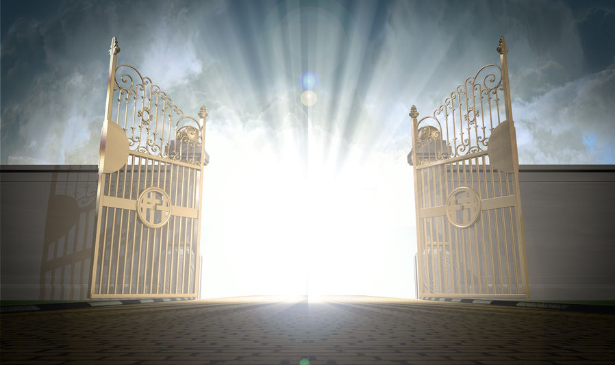 The Faith of God, Part 2 - Bob Sawvelle - the pearly gates of heaven open with the bright side of heaven contrasting with the duller foreground